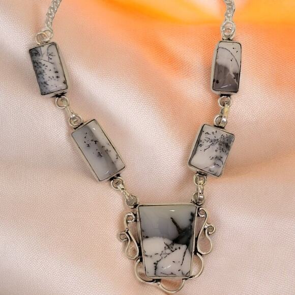 Dendritic Opal Sterling Silver Necklace, 20 Inch Handmade Statement Jewelry - Picture 2 of 10